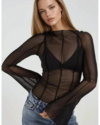 Bluza dama,  maneca lunga, jerseu, negru transparent