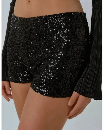 Pantaloni dama  pantaloni scurti cu paiete, talie normala, slim, Negru