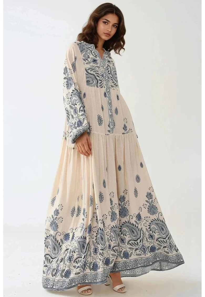 Rochie maxi,  decolteu in V, albastra, material textil