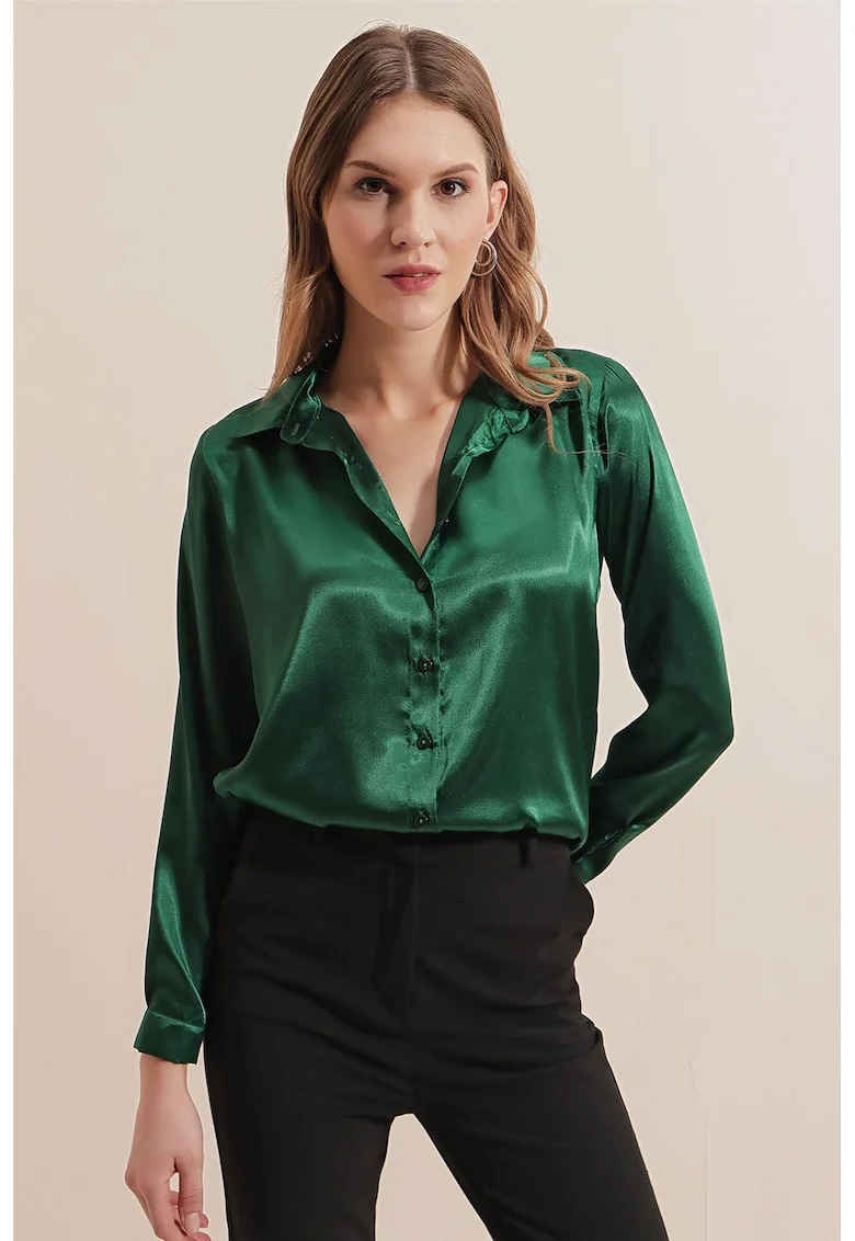 Camasi dama, HiCCUP, camasa cu maneca lunga, verde padure, satin