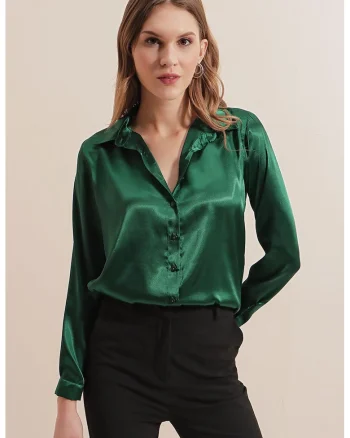 Camasi dama, HiCCUP, camasa cu maneca lunga, verde padure, satin