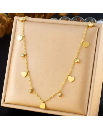 Colier auriu, din otel inoxidabil, suflat cu aur 18k, cu pietre si inimioare, Elevira C2