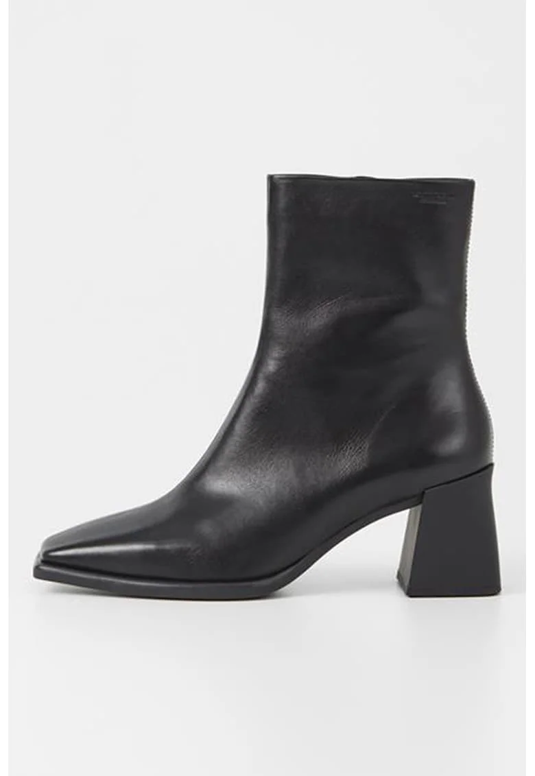 Botine de piele cu varf patrat, Negru