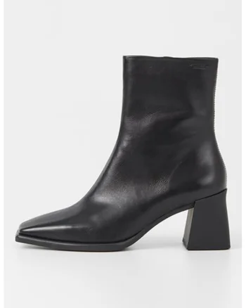 Botine de piele cu varf patrat, Negru