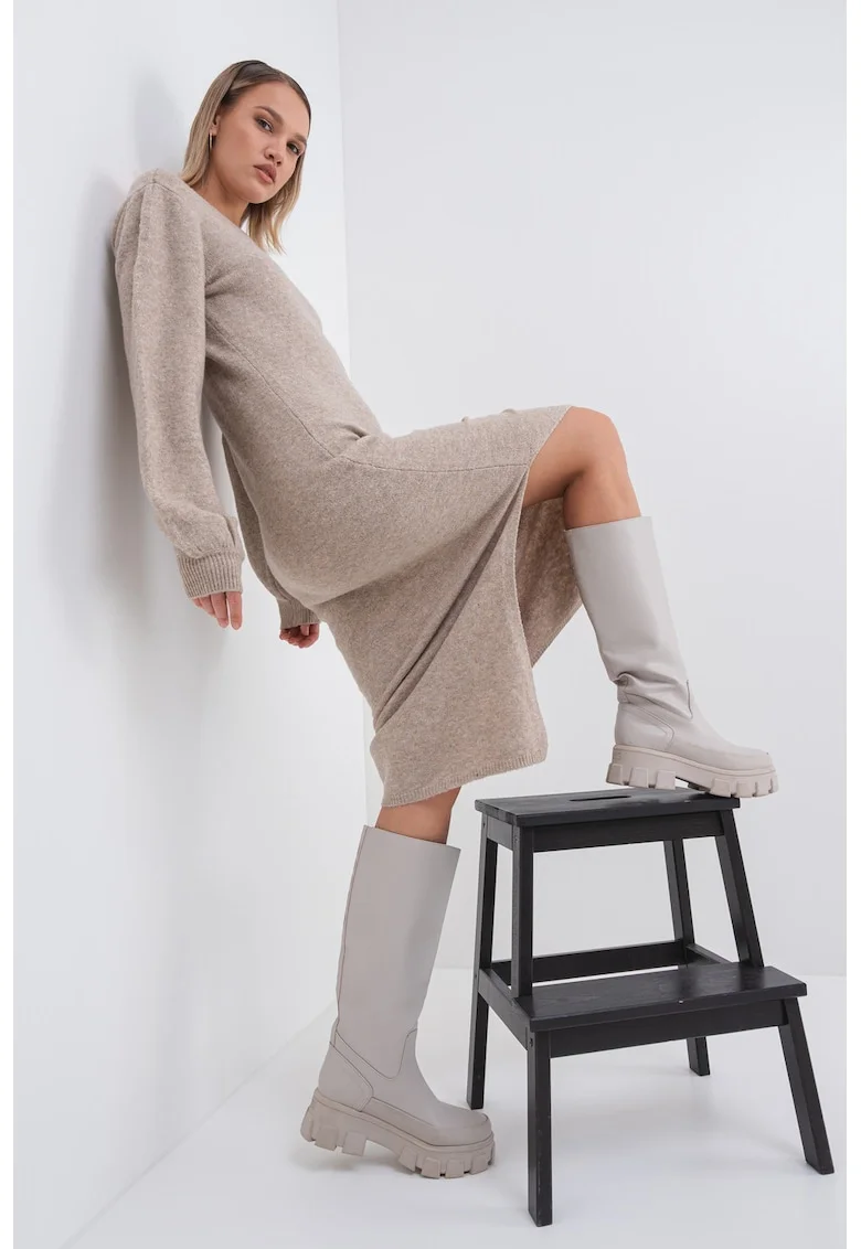 Rochie midi din tricot cu slit lateral si decupaj pe partea din spate, Bej melange