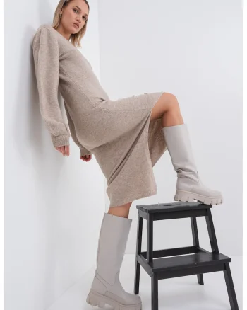 Rochie midi din tricot cu slit lateral si decupaj pe partea din spate, Bej melange