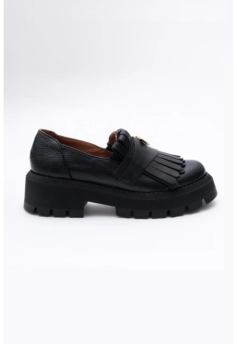 Pantofi loafer de piele cu toc masiv, Negru