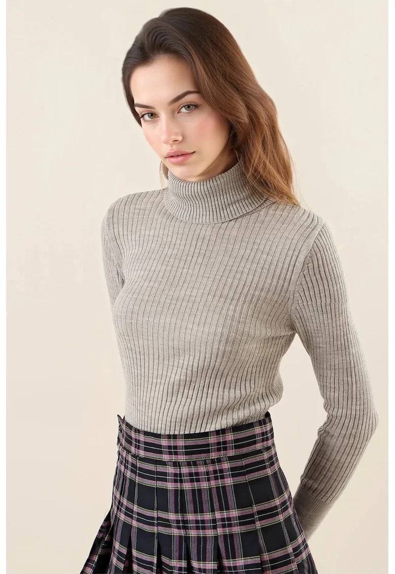 Pulover dama, HiCCUP, texturat, cu guler inalt, gri, tricot