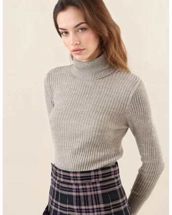 Pulover dama, HiCCUP, texturat, cu guler inalt, gri, tricot