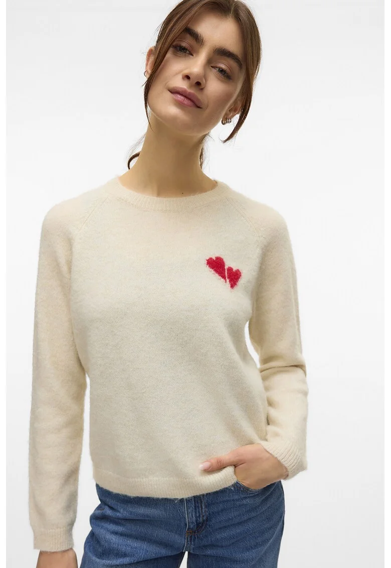 Pulover slim fit din amestec de lana, Rosu/Bej melange