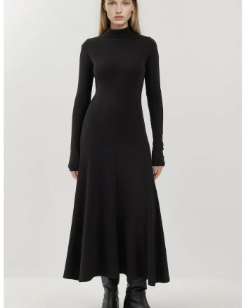 Rochie maxi,  guler inalt texturat, negru, jerseu