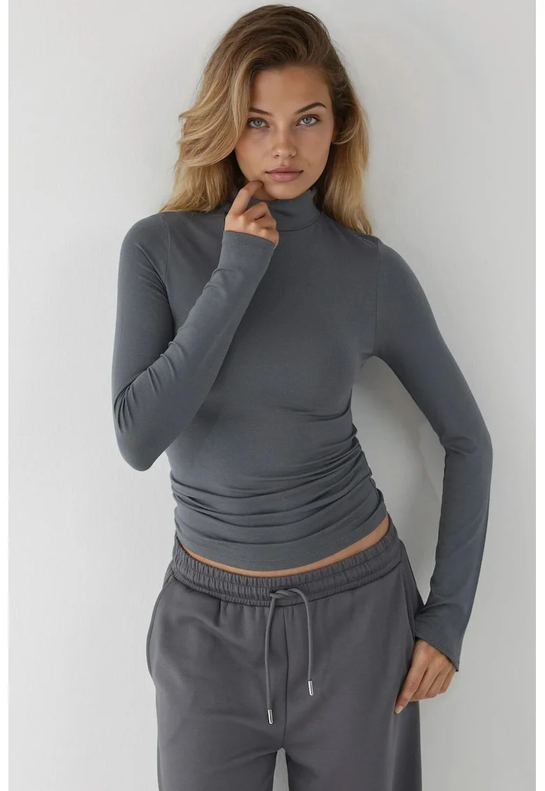 Bluza dama,  slim fit, guler inalt, gri inchis, viscoza
