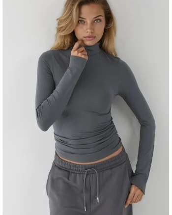 Bluza dama,  slim fit, guler inalt, gri inchis, viscoza