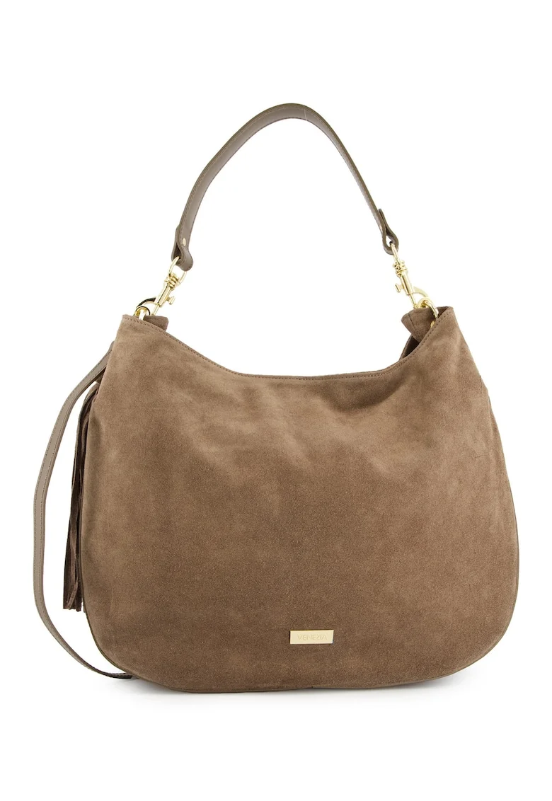 Geanta shopper  piele intoarsa, maro, 33x43x10cm, detalii aurii, curea detasabila 117cm