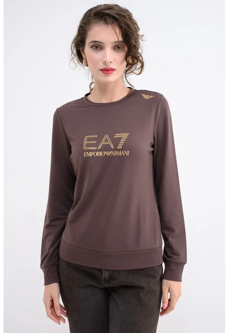 Bluza de trening cu aplicatii logo, Auriu/Maro inchis