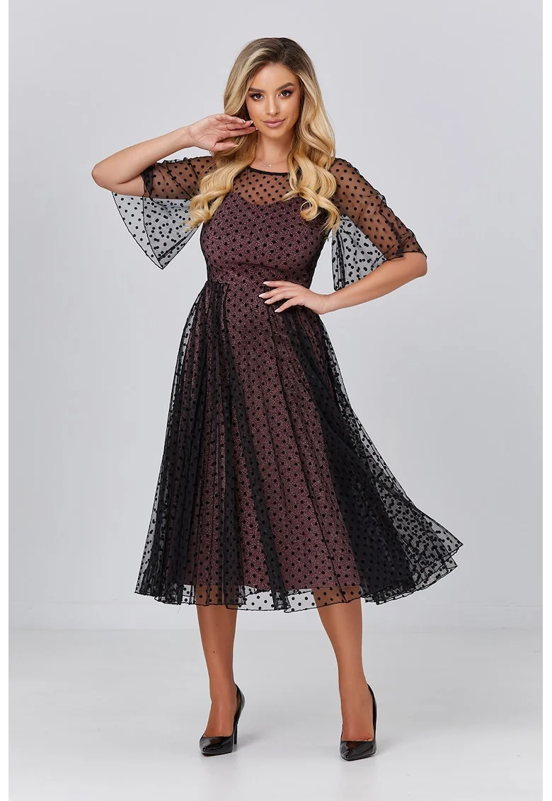 Rochie midi evazata cu maneci transparente, Negru/Roz stins