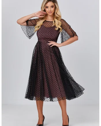 Rochie midi evazata cu maneci transparente, Negru/Roz stins