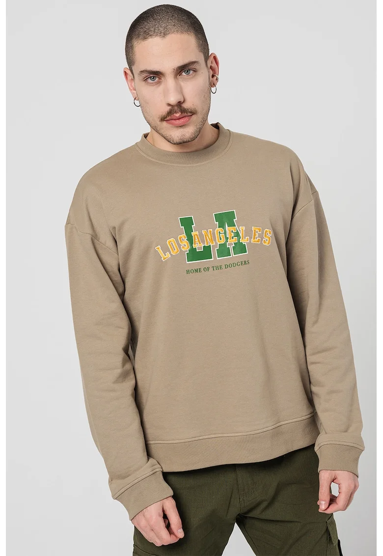 Bluza de trening cu decolteu la baza gatului si imprimeu, Verde/Galben/Verde sparanghel