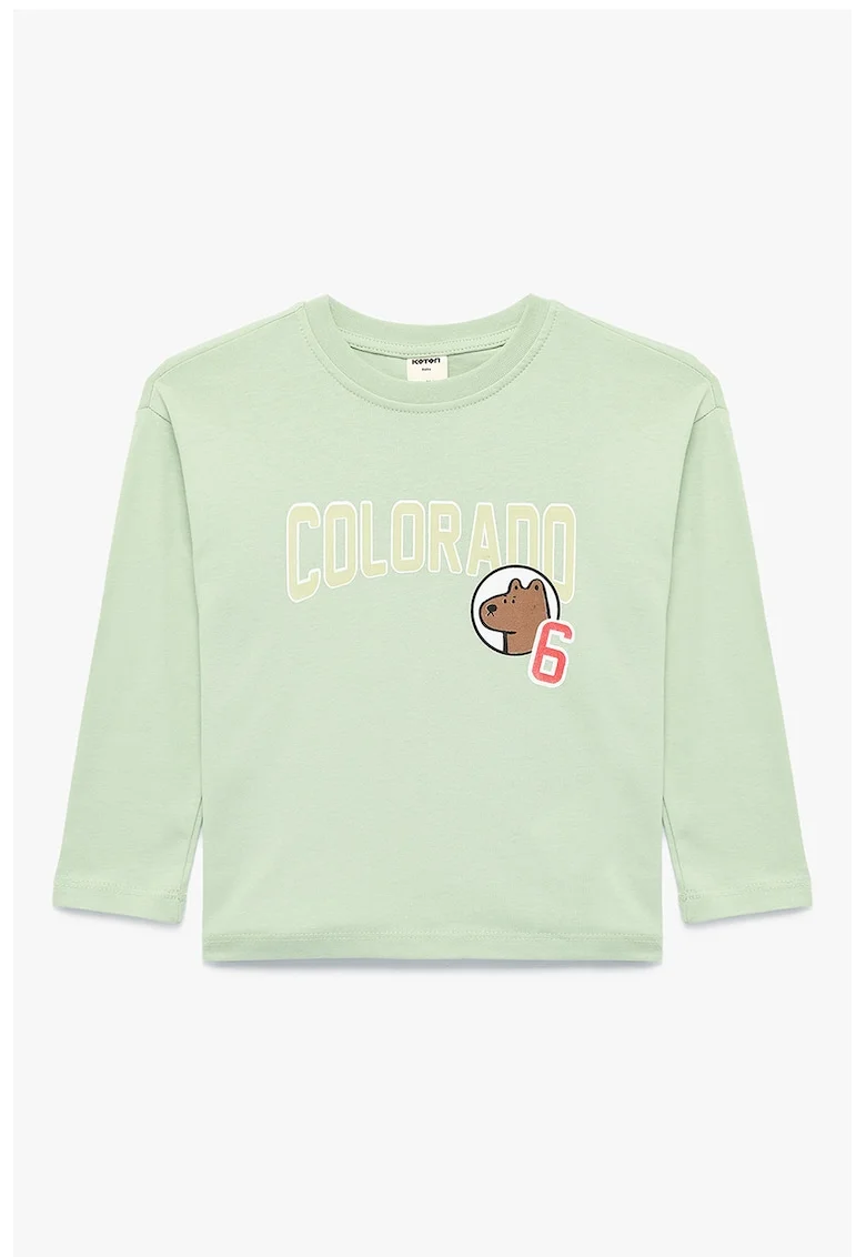 Bluza cu decolteu la baza gatului si imprimeu text, Verde pastel