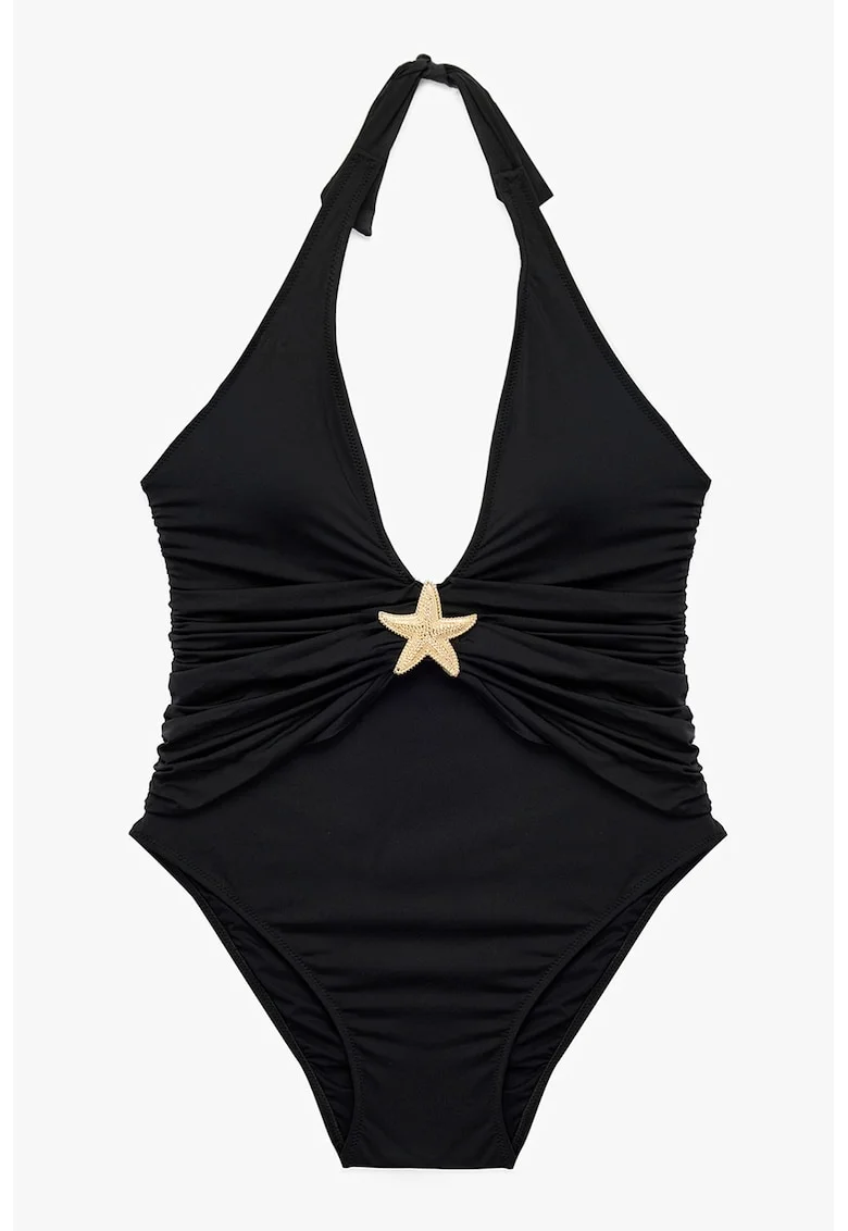 Costum de baie intreg cu decolteu halter si detaliu metalizat, Negru