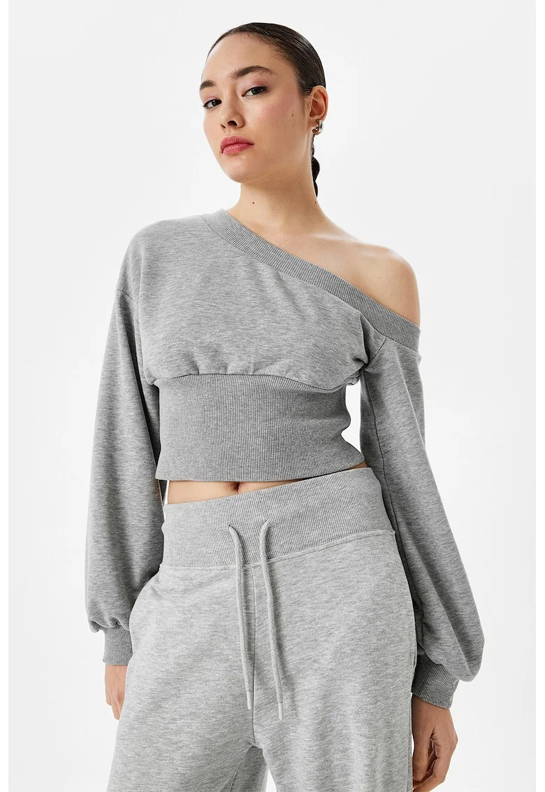 Bluza de trening crop cu decolteu pe un umar, Gri melange