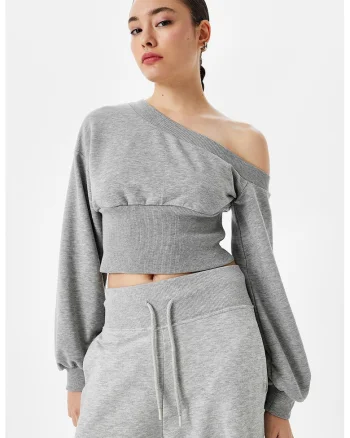 Bluza de trening crop cu decolteu pe un umar, Gri melange
