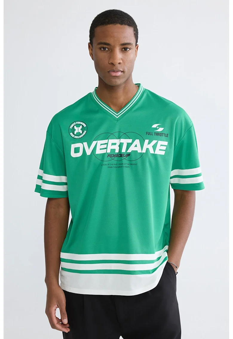 Tricou cu decolteu in V, Alb/Verde