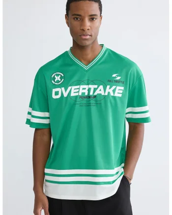 Tricou cu decolteu in V, Alb/Verde
