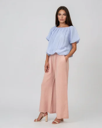 Pantaloni largi din material fin cu talie elastică roz - Unica S-L