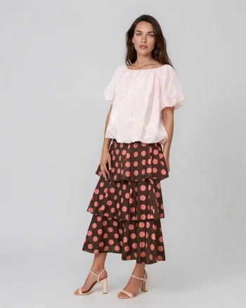 Bluză din voal de tencel cu decolteu elastic și mâneci balon roz - Unica S-L
