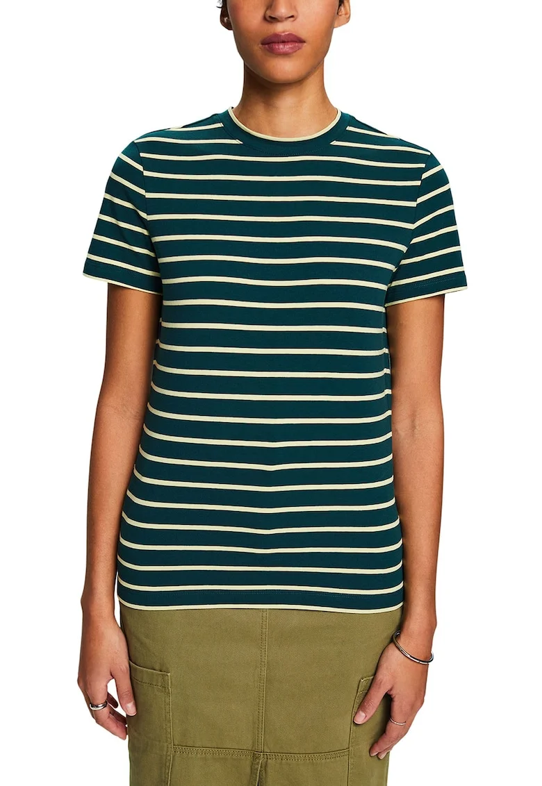 Tricou cu decolteu la baza gatului si dungi, Bej/Verde englez