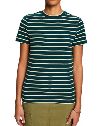 Tricou cu decolteu la baza gatului si dungi, Bej/Verde englez