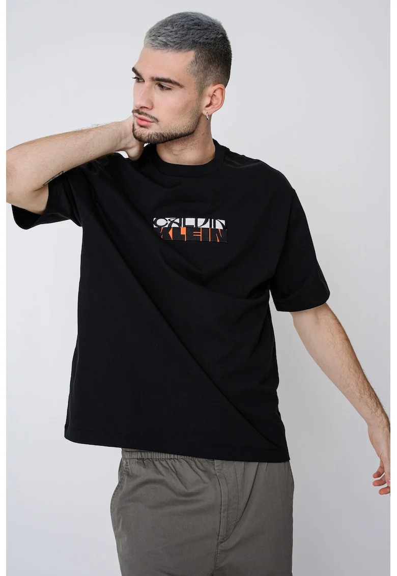 Tricou de bumbac cu logo brodat, Negru