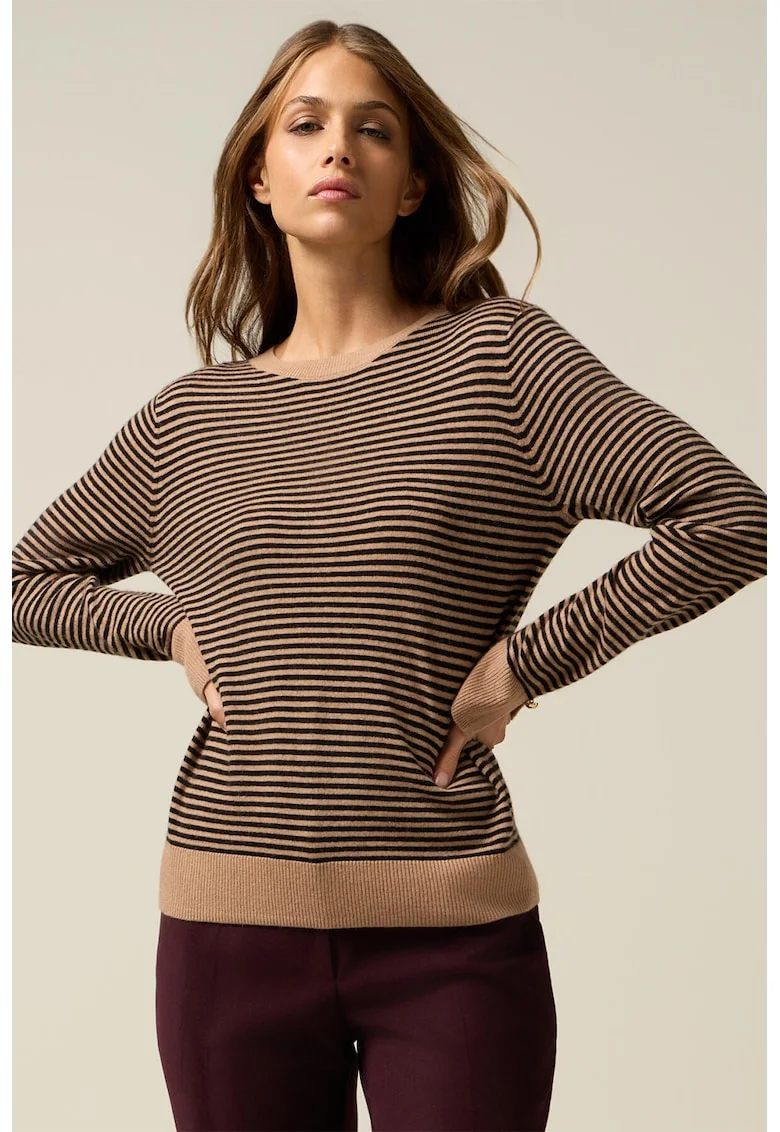 Pulover din amestec de lana cu model in dungi si mansete cu slit, Negru/Maro