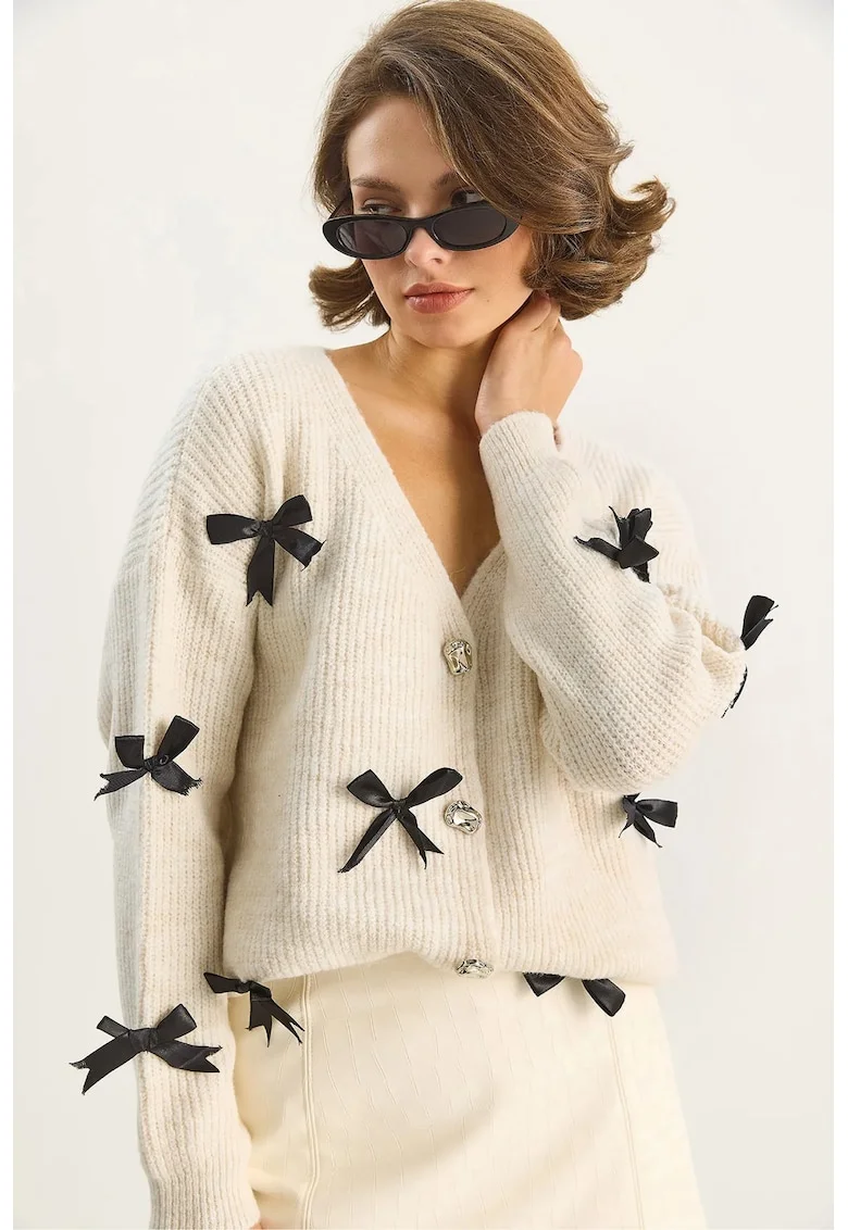 Pulover dama,  cardigan supradimensionat cu funda, ivory natural, tricot,