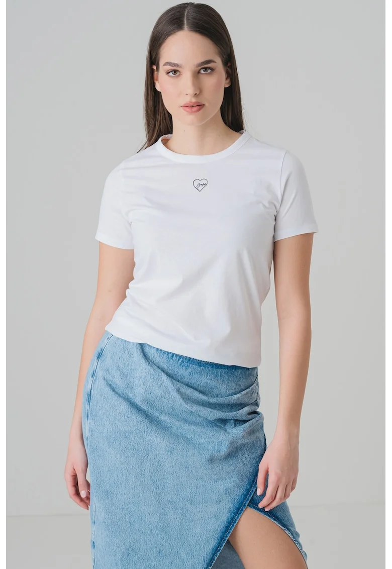 Tricou cu decolteu la baza gatului si inima discreta, Negru/Alb optic