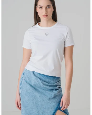 Tricou cu decolteu la baza gatului si inima discreta, Negru/Alb optic