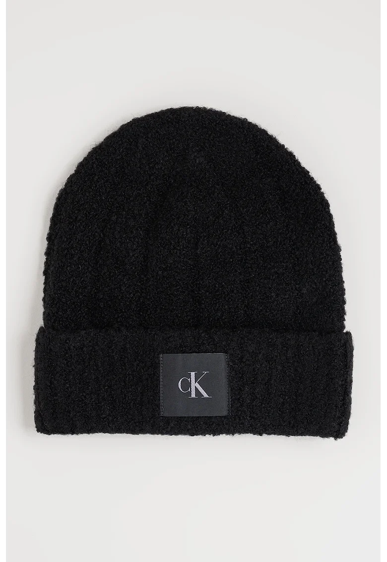 Caciula din amestec de lana cu model boucle si aplicatie monograma, Negru