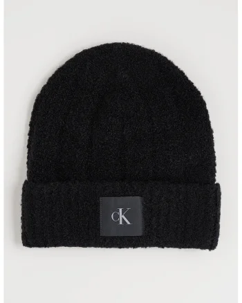 Caciula din amestec de lana cu model boucle si aplicatie monograma, Negru