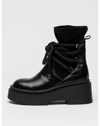Ghete din piele cu insertii din material textil, Negru