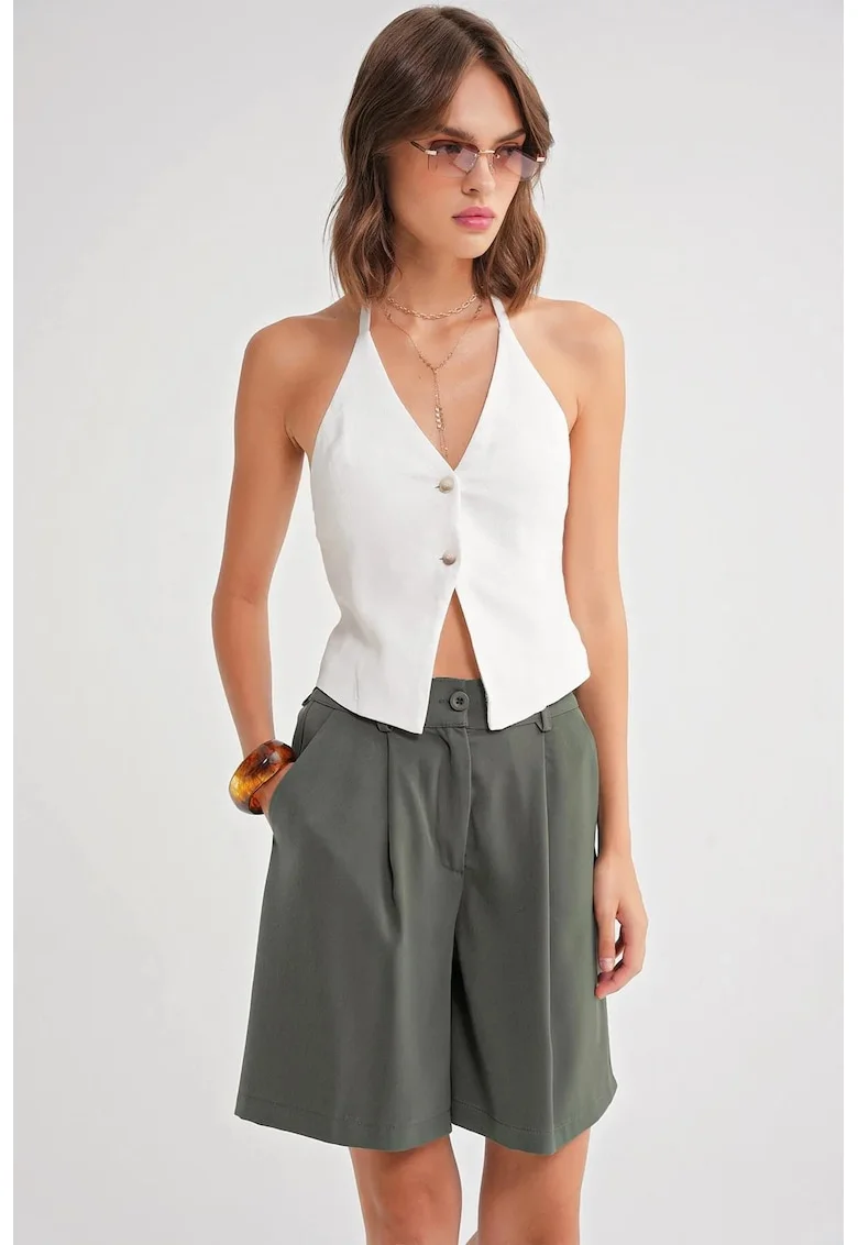 Pantaloni scurti dama,  talie inalta, buzunare cu nasturi, verde kaki, textil