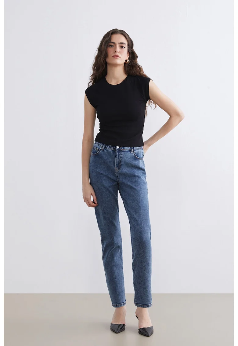 Blugi conici cu talie elastica, Albastru inchis
