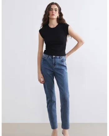 Blugi conici cu talie elastica, Albastru inchis