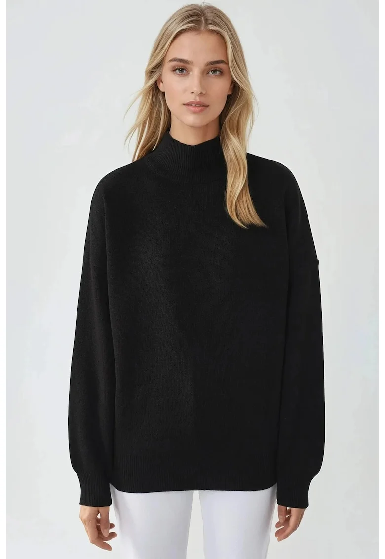 Pulover dama,  supradimensionat, jumatate de guler, negru, tricot, One Size