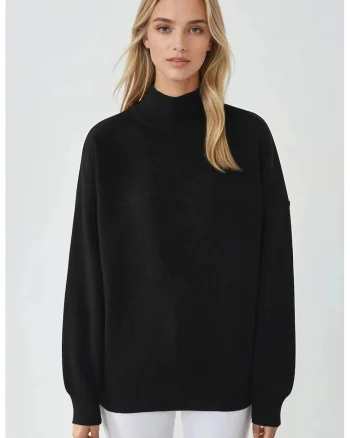 Pulover dama,  supradimensionat, jumatate de guler, negru, tricot, One Size