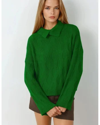 Pulover tricotat  cu model, detaliu guler, verde, tricot, One Size