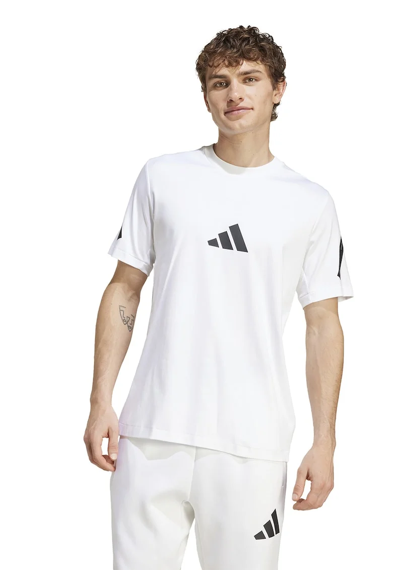 Tricou de bumbac cu model monograma Z.N.E, Alb/Negru