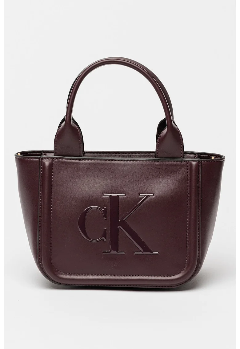 Geanta tote din piele cu model monograma in relief, Violet pruna