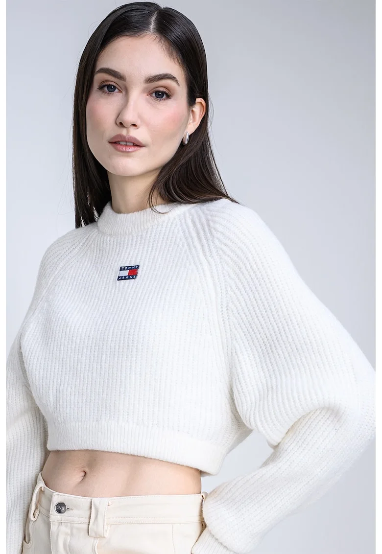 Pulover crop cu detaliu logo, Alb