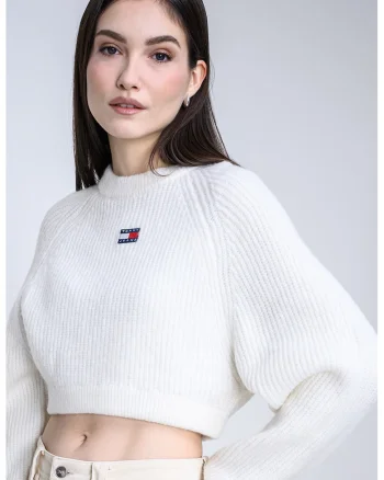 Pulover crop cu detaliu logo, Alb